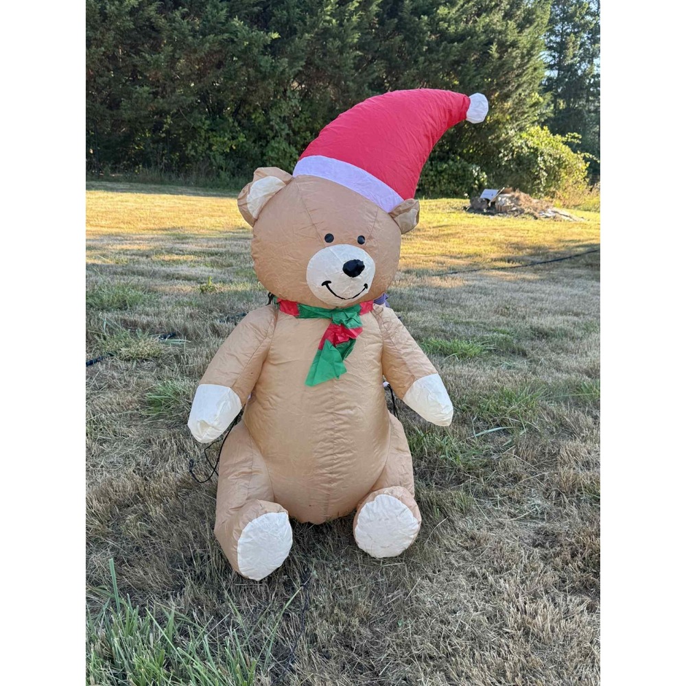 Gemmy Christmas Holiday 4 Foot Lighted Teddy‎ Bear Santa Hat Airblown Inflatable
